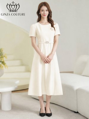 画像5: [送料無料][GINZA COUTURE]アイボリー・ピンク・ネイビー・ワンカラー・シンプル・フラワーモチーフ・半袖・ベルト付き・Aライン・フレア・ミディアムドレス・ワンピース[即日発送][大きいサイズあり]