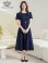 画像1: [送料無料][GINZA COUTURE]ネイビー・アイボリー・ピンク・ワンカラー・シンプル・フラワーモチーフ・半袖・ベルト付き・Aライン・フレア・ミディアムドレス・ワンピース[即日発送][大きいサイズあり] (1)