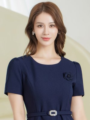 画像4: [送料無料][GINZA COUTURE]ネイビー・アイボリー・ピンク・ワンカラー・シンプル・フラワーモチーフ・半袖・ベルト付き・Aライン・フレア・ミディアムドレス・ワンピース[即日発送][大きいサイズあり]