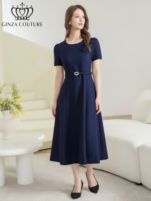 画像2: [送料無料][GINZA COUTURE]ネイビー・アイボリー・ピンク・ワンカラー・シンプル・フラワーモチーフ・半袖・ベルト付き・Aライン・フレア・ミディアムドレス・ワンピース[即日発送][大きいサイズあり]