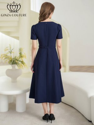 画像3: [送料無料][GINZA COUTURE]ネイビー・アイボリー・ピンク・ワンカラー・シンプル・フラワーモチーフ・半袖・ベルト付き・Aライン・フレア・ミディアムドレス・ワンピース[即日発送][大きいサイズあり]