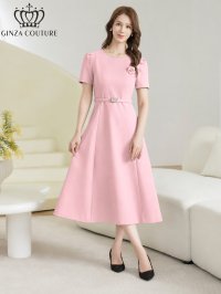 [送料無料][GINZA COUTURE]ピンク・アイボリー・ネイビー・ワンカラー・シンプル・フラワーモチーフ・半袖・ベルト付き・Aライン・フレア・ミディアムドレス・ワンピース[即日発送][大きいサイズあり]