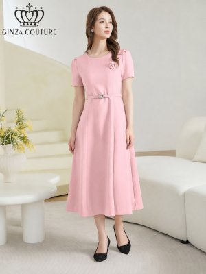 画像8: [送料無料][GINZA COUTURE]アイボリー・ピンク・ネイビー・ワンカラー・シンプル・フラワーモチーフ・半袖・ベルト付き・Aライン・フレア・ミディアムドレス・ワンピース[即日発送][大きいサイズあり]