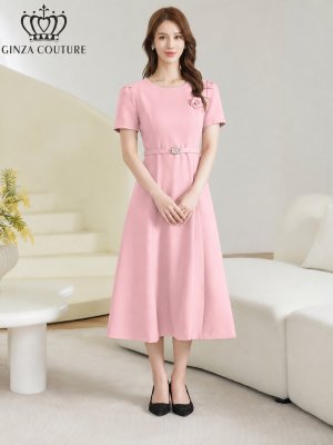 画像11: [送料無料][GINZA COUTURE]アイボリー・ピンク・ネイビー・ワンカラー・シンプル・フラワーモチーフ・半袖・ベルト付き・Aライン・フレア・ミディアムドレス・ワンピース[即日発送][大きいサイズあり]