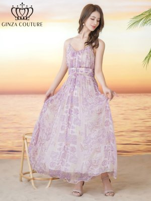 画像7: [送料無料][GINZA COUTURE]イエロー・パープル・シフォン・プリント・キャミソール・Vネック・ラインストーン・ペプラム・Aライン・ロングドレス[即日発送][大きいサイズあり