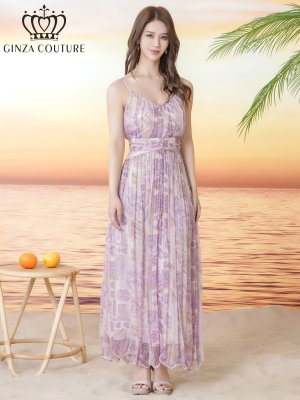 画像12: [送料無料][GINZA COUTURE]イエロー・パープル・シフォン・プリント・キャミソール・Vネック・ラインストーン・ペプラム・Aライン・ロングドレス[即日発送][大きいサイズあり