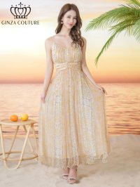 [送料無料][GINZA COUTURE]イエロー・パープル・シフォン・プリント・キャミソール・Vネック・ラインストーン・ペプラム・Aライン・ロングドレス[即日発送][大きいサイズあり