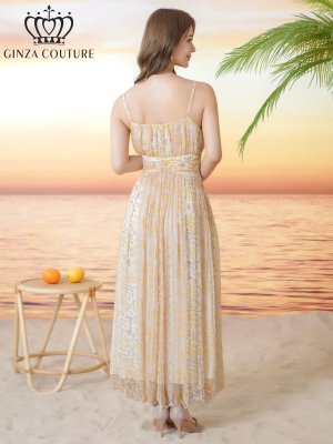 画像3: [送料無料][GINZA COUTURE]イエロー・パープル・シフォン・プリント・キャミソール・Vネック・ラインストーン・ペプラム・Aライン・ロングドレス[即日発送][大きいサイズあり