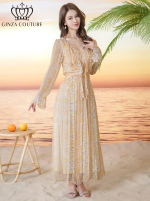 画像5: [送料無料][GINZA COUTURE]イエロー・パープル・シフォン・プリント・キャミソール・Vネック・ラインストーン・ペプラム・Aライン・ロングドレス[即日発送][大きいサイズあり
