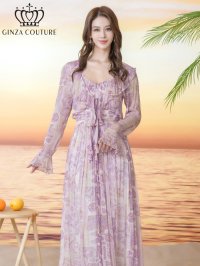 [送料無料][GINZA COUTURE]パープル・イエロー・シフォン・プリント・フリル・長袖・ボレロ[即日発送][大きいサイズあり]