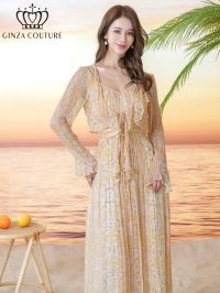 [送料無料][GINZA COUTURE]イエロー・パープル・シフォン・プリント・フリル・長袖・ボレロ[即日発送][大きいサイズあり]