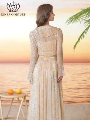 画像3: [送料無料][GINZA COUTURE]イエロー・パープル・シフォン・プリント・フリル・長袖・ボレロ[即日発送][大きいサイズあり]