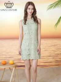 [送料無料][GINZA COUTURE]グリーン・ホワイト・総レース・ビジューボタン・フェイクポケット・インナーキャミソール付き・タイト・ノースリーブ・ミニドレス・ワンピース[即日発送][大きいサイズあり]
