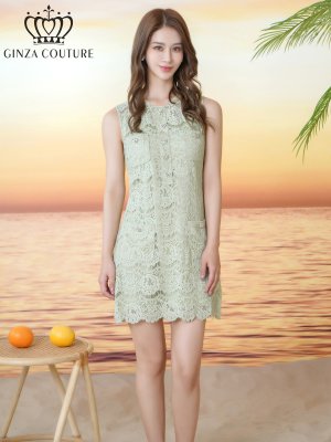 画像7: [送料無料][GINZA COUTURE]ホワイト・グリーン・総レース・ビジューボタン・フェイクポケット・インナーキャミソール付き・タイト・ノースリーブ・ミニドレス・ワンピース[即日発送][大きいサイズあり]