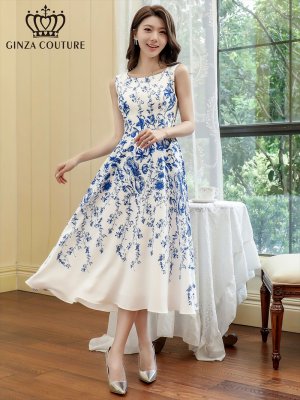 画像1: [送料無料][GINZA COUTURE] ホワイト×ブルー・花柄・ノースリーブ・Ａライン・ミディアムドレス・ワンピース[即日発送][大きいサイズあり]