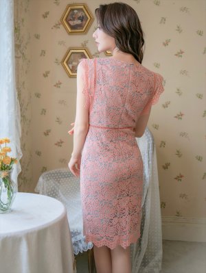 画像3: [送料無料][GINZA COUTURE]オレンジ総レース・パイピング・ノースリーブ・タイト・ミニドレス・ワンピース[即日発送][大きいサイズあり]