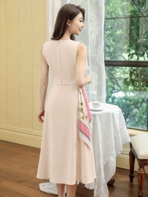 画像11: [送料無料][GINZA COUTURE]パープル・ネイビー・ベージュ・ホワイト・ブラック・レッド・スカーフ・ビジューボタン・ノースリーブ・Aライン・ワンカラー・ミディアムドレス・ワンピース[即日発送][大きいサイズあり]