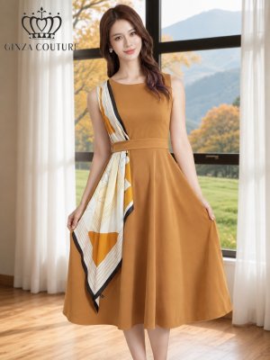 画像11: [送料無料][GINZA COUTURE]マスタード・ブラウン・ピンク・パープル・ベージュ・ネイビー・ホワイト・ブラック・レッド・ワンカラー・スカーフポイント・ノースリーブ・Aライン・無・・ミディアムドレス・ワンピース[即日発送][大きいサイズあり]