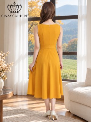 画像3: [送料無料][GINZA COUTURE]マスタード・ブラウン・ピンク・パープル・ベージュ・ネイビー・ホワイト・ブラック・レッド・ワンカラー・スカーフポイント・ノースリーブ・Aライン・無・・ミディアムドレス・ワンピース[即日発送][大きいサイズあり]