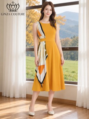 画像5: [送料無料][GINZA COUTURE]マスタード・ブラウン・ピンク・パープル・ベージュ・ネイビー・ホワイト・ブラック・レッド・ワンカラー・スカーフポイント・ノースリーブ・Aライン・無・・ミディアムドレス・ワンピース[即日発送][大きいサイズあり]