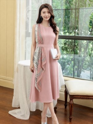 画像6: [送料無料][GINZA COUTURE]ピンク・パープル・ベージュ・ネイビー・ホワイト・ブラック・レッド・スカーフ・ビジューボタン・ノースリーブ・Aライン・ワンカラー・ミディアムドレス・ワンピース[即日発送][大きいサイズあり]