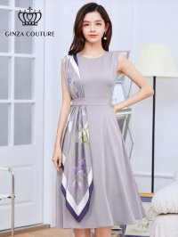 [送料無料][GINZA COUTURE]パープル・ネイビー・ベージュ・ホワイト・ブラック・レッド・スカーフ・ビジューボタン・ノースリーブ・Aライン・ワンカラー・ミディアムドレス・ワンピース[即日発送][大きいサイズあり]