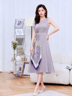 画像5: [送料無料][GINZA COUTURE]パープル・ネイビー・ベージュ・ホワイト・ブラック・レッド・スカーフ・ビジューボタン・ノースリーブ・Aライン・ワンカラー・ミディアムドレス・ワンピース[即日発送][大きいサイズあり]