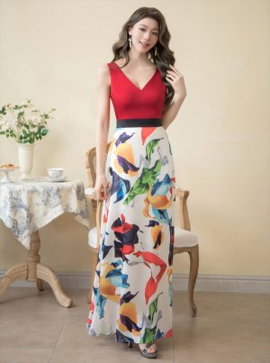画像2: [送料無料][GINZA COUTURE]レッド×ホワイト・ネイビー・ペイント・プリント・Vネック・ノースリーブ・Aライン・ロングドレス[即日発送][大きいサイズあり]