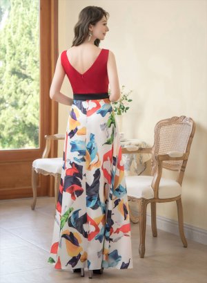 画像3: [送料無料][GINZA COUTURE]レッド×ホワイト・ネイビー・ペイント・プリント・Vネック・ノースリーブ・Aライン・ロングドレス[即日発送][大きいサイズあり]