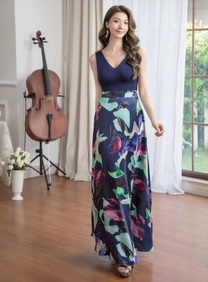 画像11: [送料無料][GINZA COUTURE]レッド×ホワイト・ネイビー・ペイント・プリント・Vネック・ノースリーブ・Aライン・ロングドレス[即日発送][大きいサイズあり]