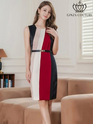 画像1: [送料無料][GINZA COUTURE]ワインレッド・ブラック・ブラウン・トリコロールカラー・ノースリーブ・タイト・ベルト付き・ミニドレス・ワンピース[即日発送][大きいサイズあり]