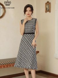 [送料無料][GINZA COUTURE]ホワイト×ブラック・ツイード・ノースリーブ・フリンジ・Aライン・ミディアムドレス・ワンピース[即日発送][大きいサイズあり]
