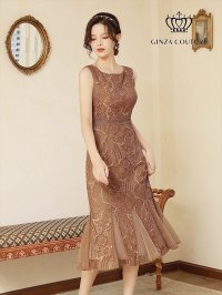 [送料無料][GINZA COUTURE]ブラウン・パープル・ピンク・ホワイト・レース・ノースリーブ・マーメイドライン・ミディアムドレス・ワンピース[即日発送][大きいサイズあり]