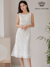 [送料無料][GINZACOUTURE]ホワイト・ピンク・パープル・ブラウン・フラワーレース・レース・ノースリーブ・マーメイドライン・ミディアムドレス・ワンピース[即日発送][大きいサイズあり]