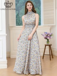 [送料無料][GINZA COUTURE]グレー×イエロー・プリント・首元フリル・ノースリーブ・Aライン・ロングドレス[即日発送][大きいサイズあり]