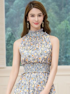 画像4: [送料無料][GINZA COUTURE]グレー×イエロー・プリント・サテン・首元フリル・ウエストマーク・マキシ・アメリカンスリーブ・Aライン・ロングドレス[即日発送][大きいサイズあり]