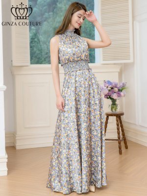 画像5: [送料無料][GINZA COUTURE]グレー×イエロー・プリント・サテン・首元フリル・ウエストマーク・マキシ・アメリカンスリーブ・Aライン・ロングドレス[即日発送][大きいサイズあり]