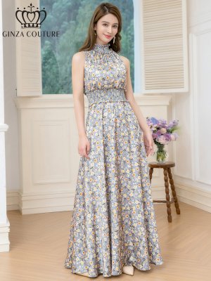 画像6: [送料無料][GINZA COUTURE]グレー×イエロー・プリント・サテン・首元フリル・ウエストマーク・マキシ・アメリカンスリーブ・Aライン・ロングドレス[即日発送][大きいサイズあり]