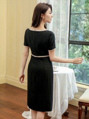 画像9: [送料無料][GINZA COUTURE]ベージュ・ブラック・ワインレッド・バイカラー・半袖・タイト・ミディアムドレス・ワンピース[即日発送][大きいサイズあり]