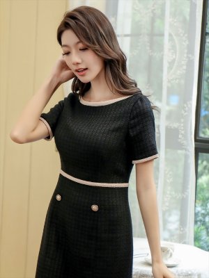 画像10: [送料無料][GINZA COUTURE]ベージュ・ブラック・ワインレッド・バイカラー・半袖・タイト・ミディアムドレス・ワンピース[即日発送][大きいサイズあり]