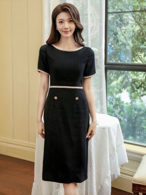 画像11: [送料無料][GINZA COUTURE]ベージュ・ブラック・ワインレッド・バイカラー・半袖・タイト・ミディアムドレス・ワンピース[即日発送][大きいサイズあり]