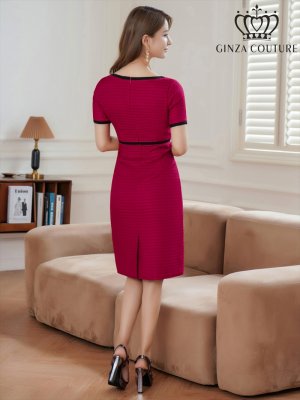 画像15: [送料無料][GINZA COUTURE]ベージュ・ブラック・ワインレッド・バイカラー・半袖・タイト・ミディアムドレス・ワンピース[即日発送][大きいサイズあり]