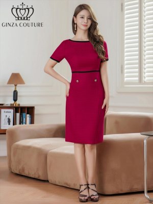 画像17: [送料無料][GINZA COUTURE]ベージュ・ブラック・ワインレッド・バイカラー・半袖・タイト・ミディアムドレス・ワンピース[即日発送][大きいサイズあり]