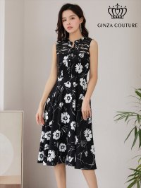 [GINZA COUTURE]ホワイト×ブラック・花柄・フラワープリント・フロントボタン・ノースリーブ・Aライン・フレア・ミディアムドレス・ワンピース