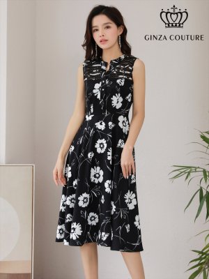 画像1: [GINZA COUTURE]ホワイト×ブラック・花柄・フラワープリント・フロントボタン・ノースリーブ・Aライン・フレア・ミディアムドレス・ワンピース