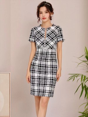 画像4: [送料無料][GINZA COUTURE]ブラック・レッド・ピンク・ツイード・チェック・半袖・ミディアムドレス・ワンピース[即日発送][大きいサイズあり]