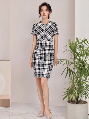 画像5: [送料無料][GINZA COUTURE]ブラック・レッド・ピンク・ツイード・チェック・半袖・ミディアムドレス・ワンピース[即日発送][大きいサイズあり]