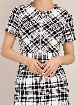 画像6: [送料無料][GINZA COUTURE]ブラック・レッド・ピンク・ツイード・チェック・半袖・ミディアムドレス・ワンピース[即日発送][大きいサイズあり]