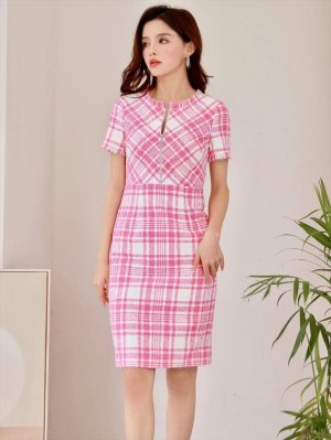 画像15: [送料無料][GINZA COUTURE]ブラック・レッド・ピンク・ツイード・チェック・半袖・ミディアムドレス・ワンピース[即日発送][大きいサイズあり]