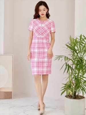 画像17: [送料無料][GINZA COUTURE]ブラック・レッド・ピンク・ツイード・チェック・半袖・ミディアムドレス・ワンピース[即日発送][大きいサイズあり]